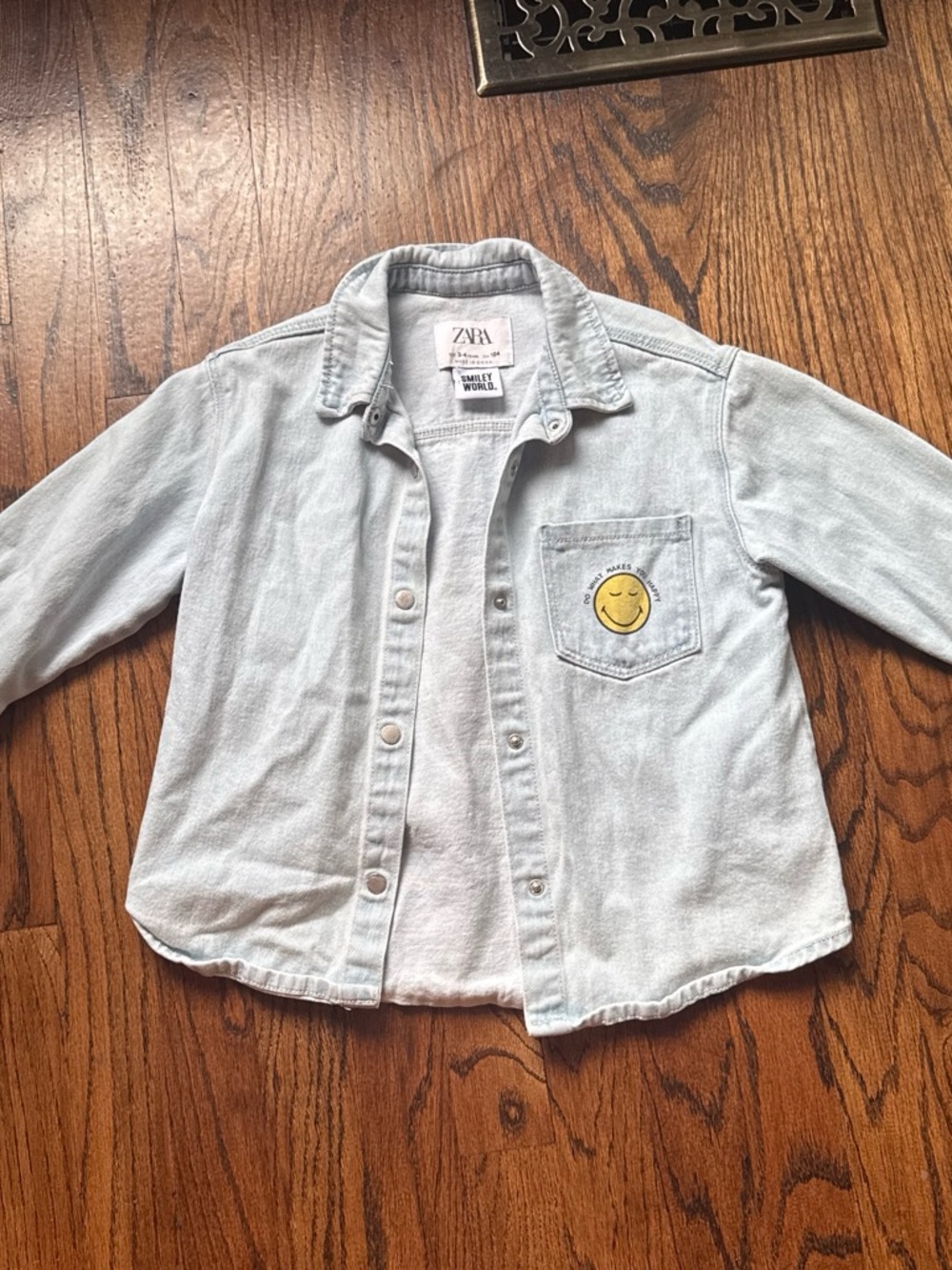 Zara Kids Light Wash Denim Jacket with Yellow Smile Patch